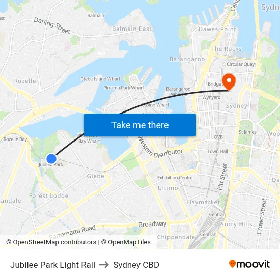 Jubilee Park Light Rail to Sydney CBD map