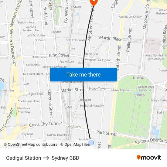 Gadigal Station to Sydney CBD map