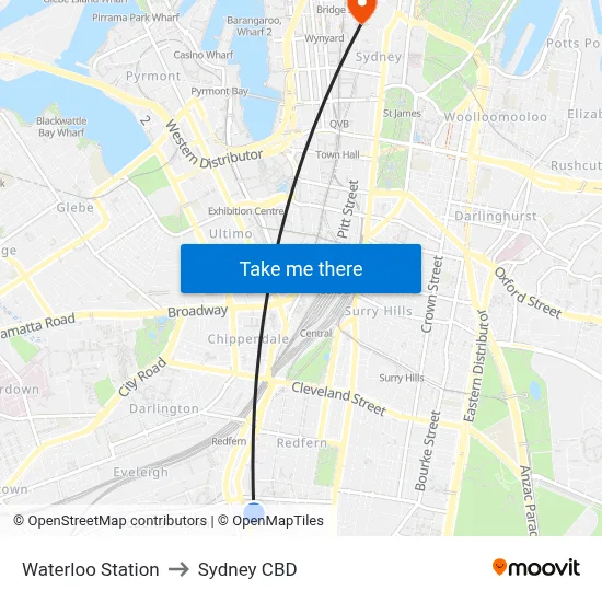 Waterloo Station to Sydney CBD map