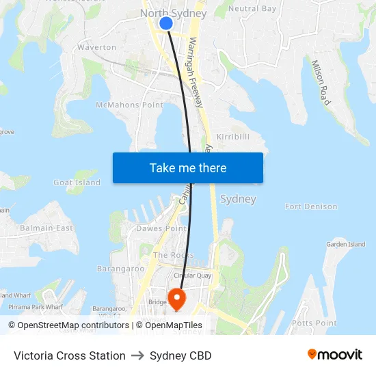 Victoria Cross Station to Sydney CBD map