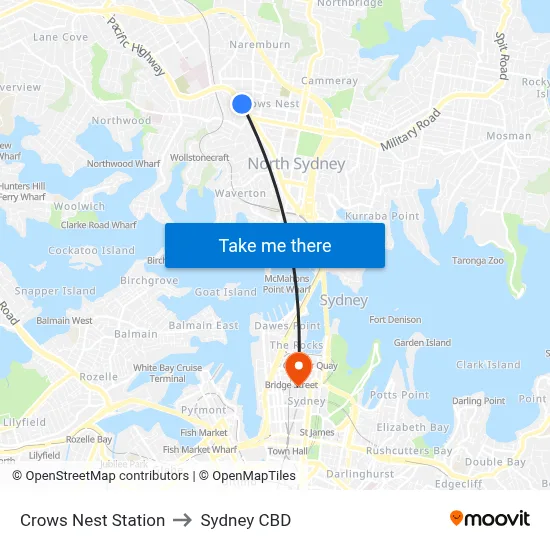 Crows Nest Station to Sydney CBD map