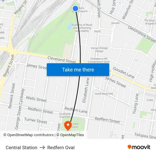 Central Station to Redfern Oval map