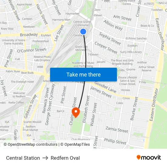 Central Station to Redfern Oval map