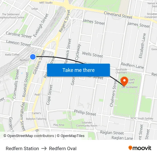 Redfern Station to Redfern Oval map