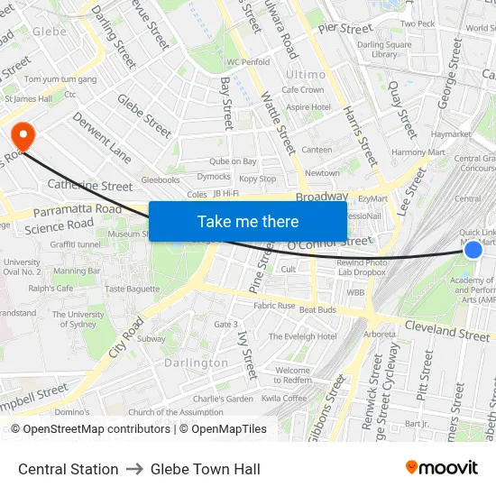 Central Station to Glebe Town Hall map