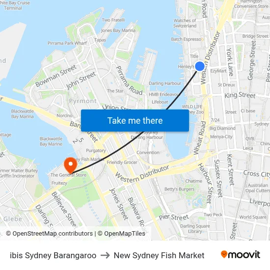 ibis Sydney Barangaroo to New Sydney Fish Market map