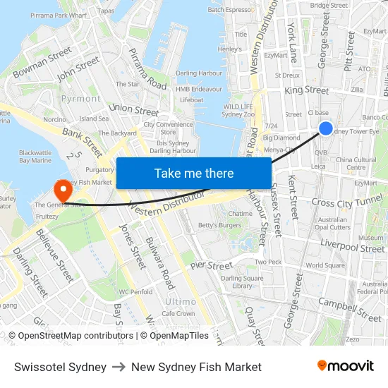 Swissotel Sydney to New Sydney Fish Market map