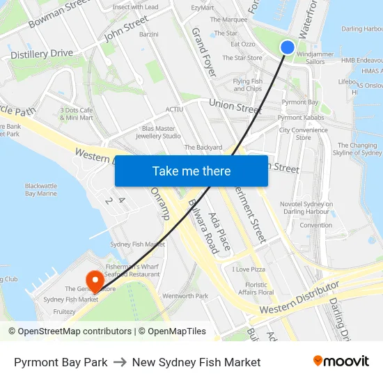 Pyrmont Bay Park to New Sydney Fish Market map