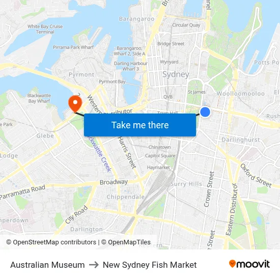 Australian Museum to New Sydney Fish Market map