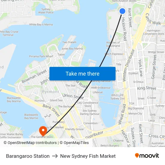 Barangaroo Station to New Sydney Fish Market map