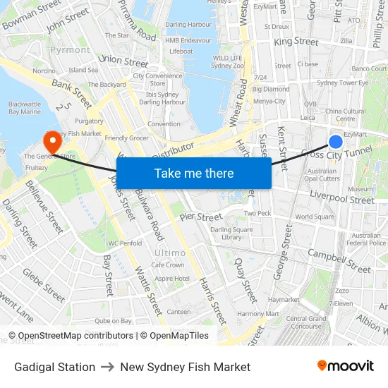 Gadigal Station to New Sydney Fish Market map