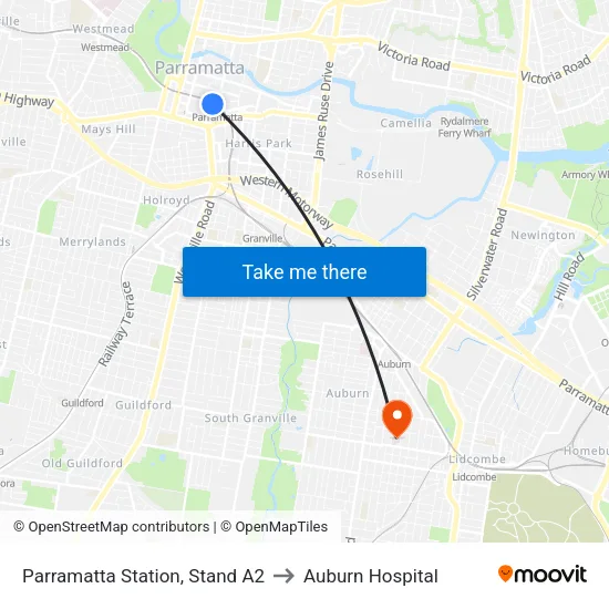 Parramatta Station, Stand A2 to Auburn Hospital map