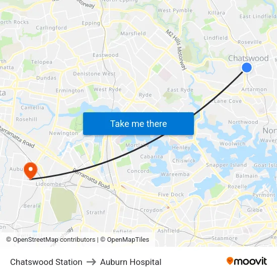 Chatswood Station to Auburn Hospital map