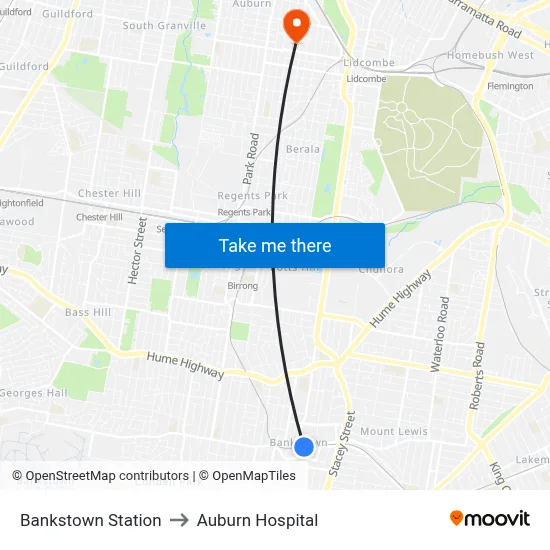 Bankstown Station to Auburn Hospital map