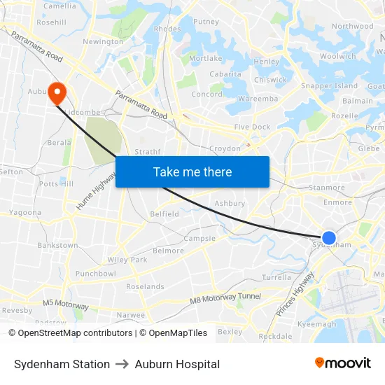 Sydenham Station to Auburn Hospital map