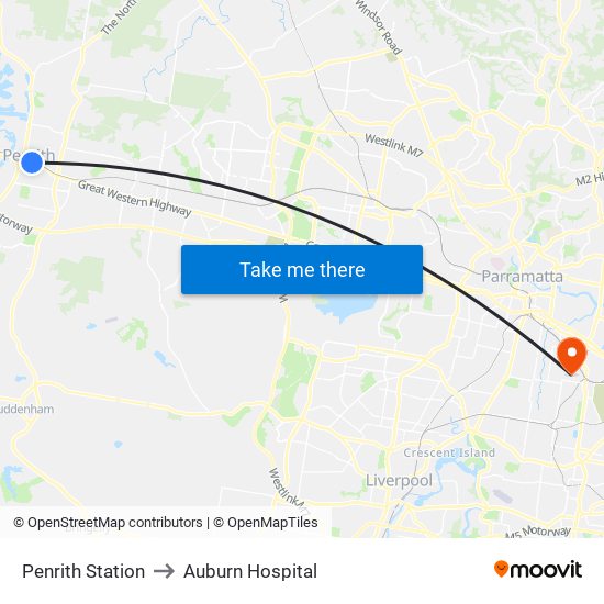 Penrith Station to Auburn Hospital map