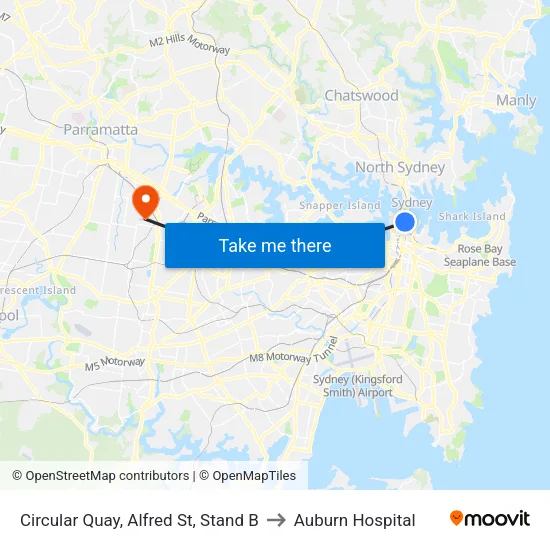 Circular Quay, Alfred St, Stand B to Auburn Hospital map