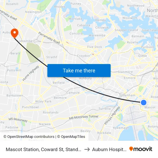 Mascot Station, Coward St, Stand A to Auburn Hospital map