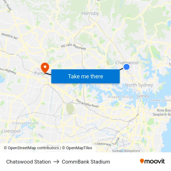Chatswood Station to CommBank Stadium map