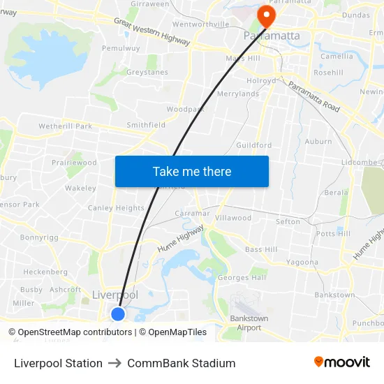 Liverpool Station to CommBank Stadium map