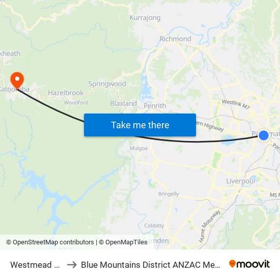 Westmead Station to Blue Mountains District ANZAC Memorial Hospital map