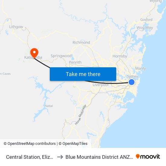 Central Station, Elizabeth St, Stand E to Blue Mountains District ANZAC Memorial Hospital map