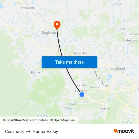 Cessnock to Hunter Valley map