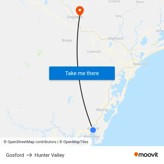 Gosford to Hunter Valley map