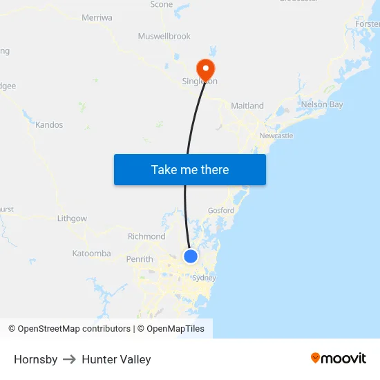 Hornsby to Hunter Valley map