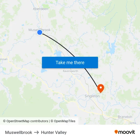 Muswellbrook to Hunter Valley map