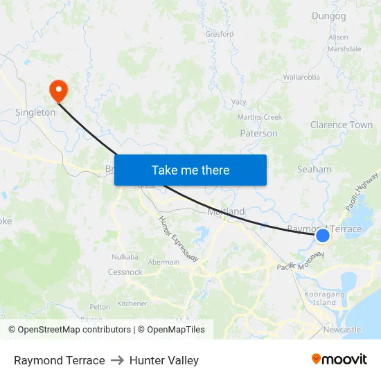 Raymond Terrace to Hunter Valley map