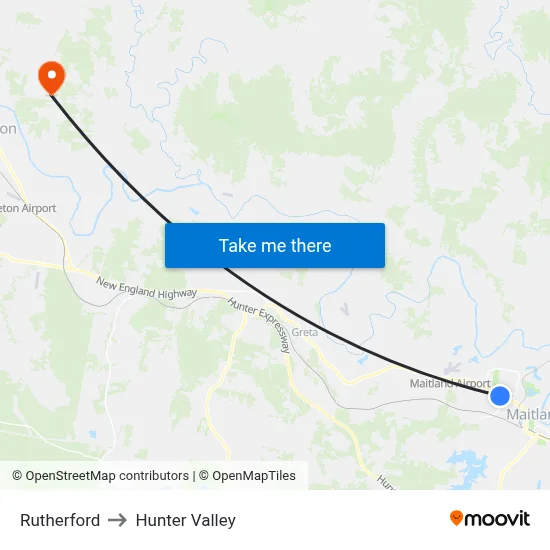 Rutherford to Hunter Valley map