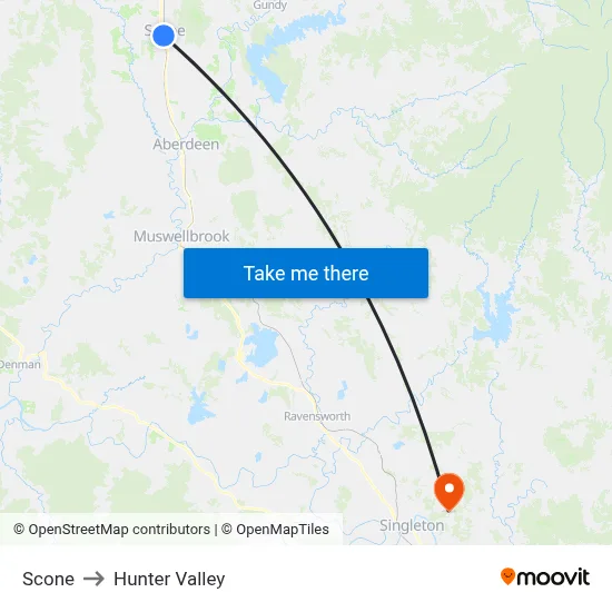 Scone to Hunter Valley map