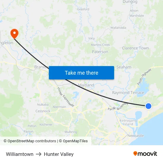 Williamtown to Hunter Valley map