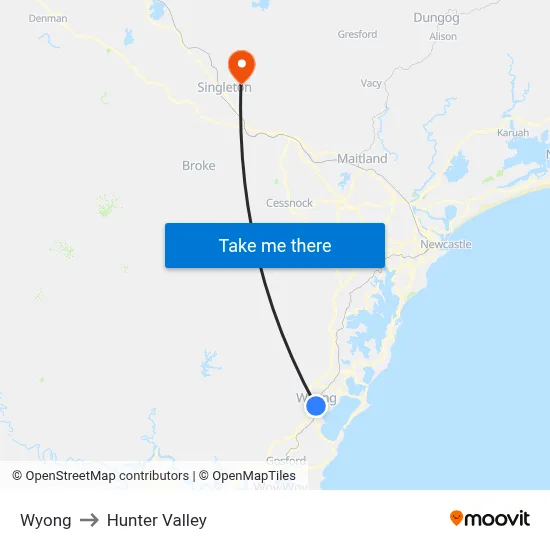 Wyong to Hunter Valley map