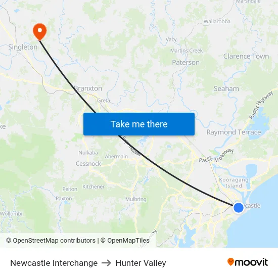 Newcastle Interchange to Hunter Valley map