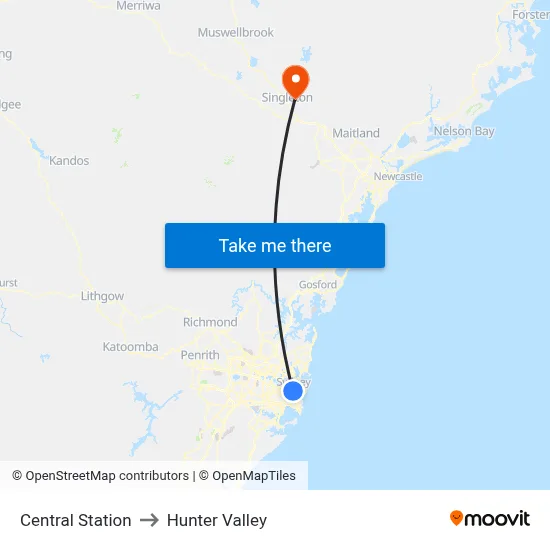 Central Station to Hunter Valley map