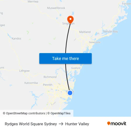 Rydges World Square Sydney to Hunter Valley map