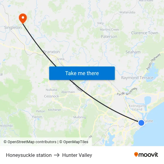 Honeysuckle station to Hunter Valley map