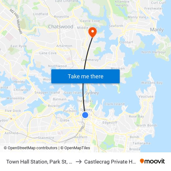 Town Hall Station, Park St, Stand G to Castlecrag Private Hospital map