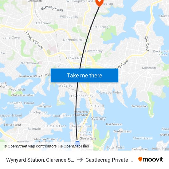 Wynyard Station, Clarence St, Stand R to Castlecrag Private Hospital map