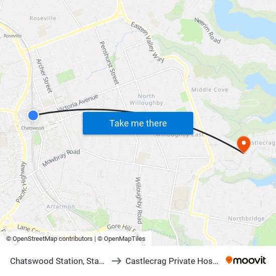 Chatswood Station, Stand C to Castlecrag Private Hospital map
