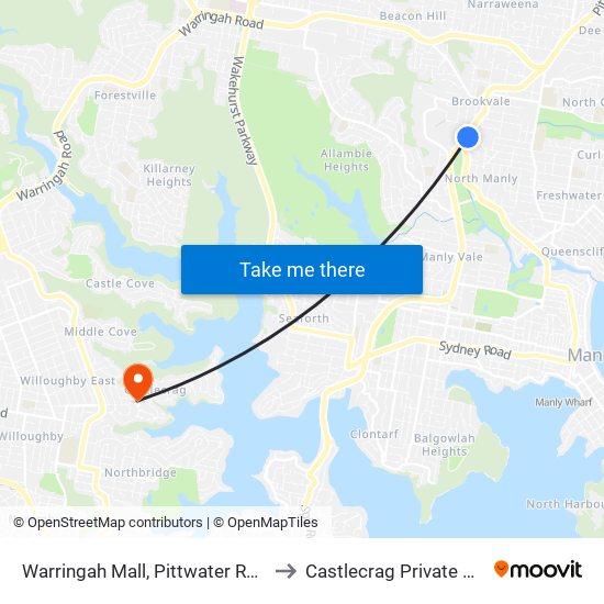 Warringah Mall, Pittwater Rd, Stand B to Castlecrag Private Hospital map