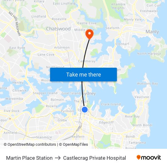 Martin Place Station to Castlecrag Private Hospital map