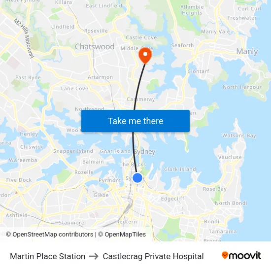 Martin Place Station to Castlecrag Private Hospital map