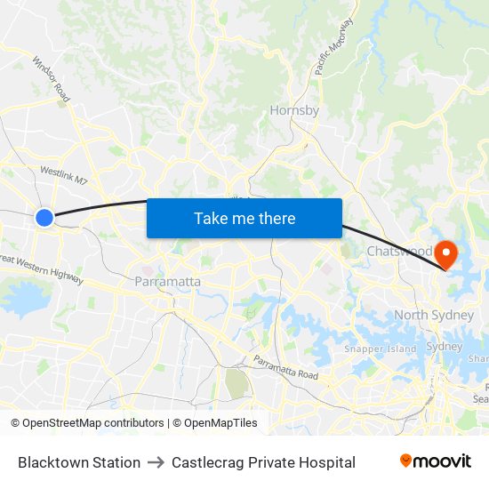 Blacktown Station to Castlecrag Private Hospital map