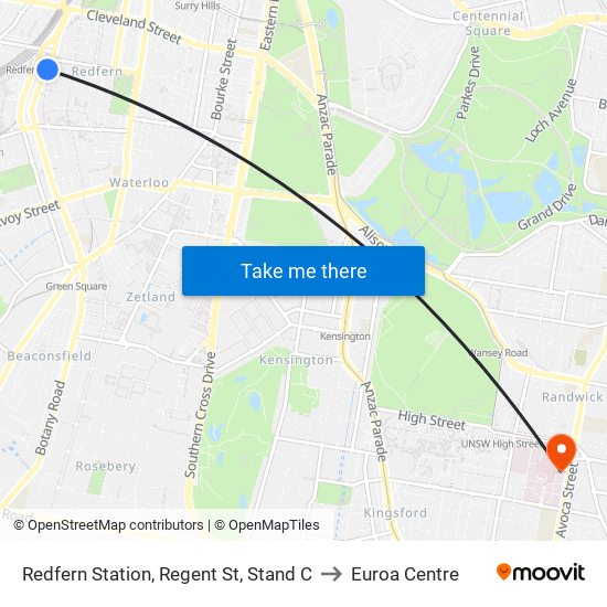 Redfern Station, Regent St, Stand C to Euroa Centre map