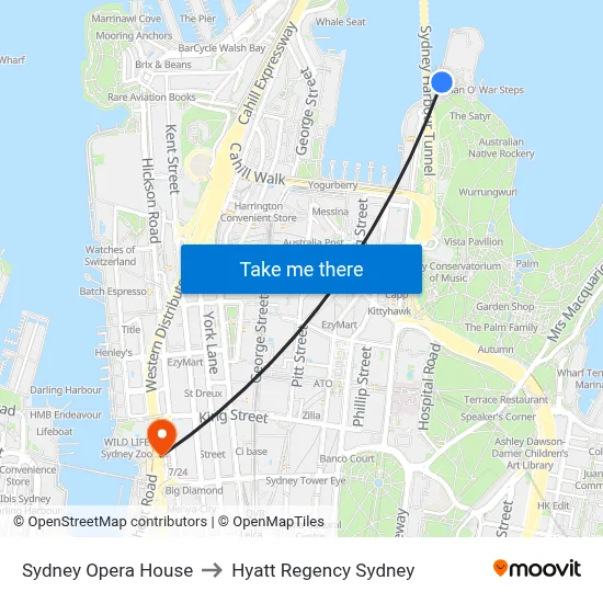 Sydney Opera House to Hyatt Regency Sydney map
