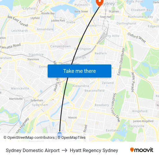 Sydney Domestic Airport to Hyatt Regency Sydney map