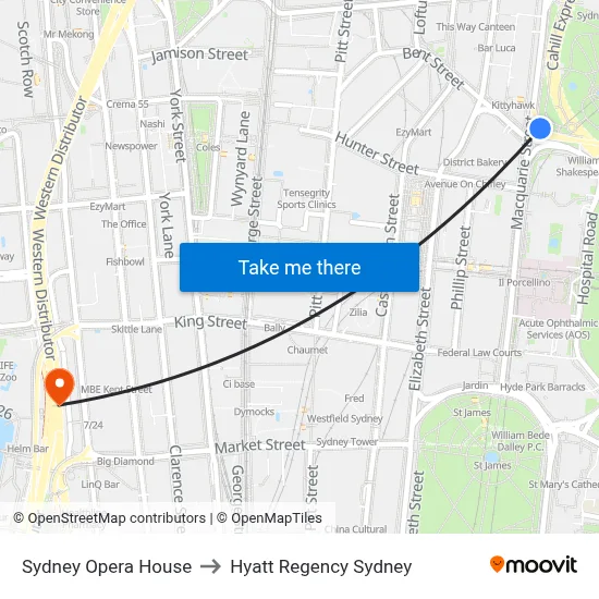 Sydney Opera House to Hyatt Regency Sydney map